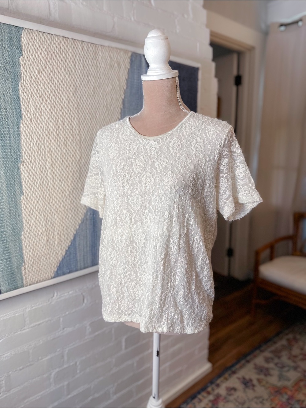 Flu Flu Cream Lacey Short Sleeve Round Neck Blouse
